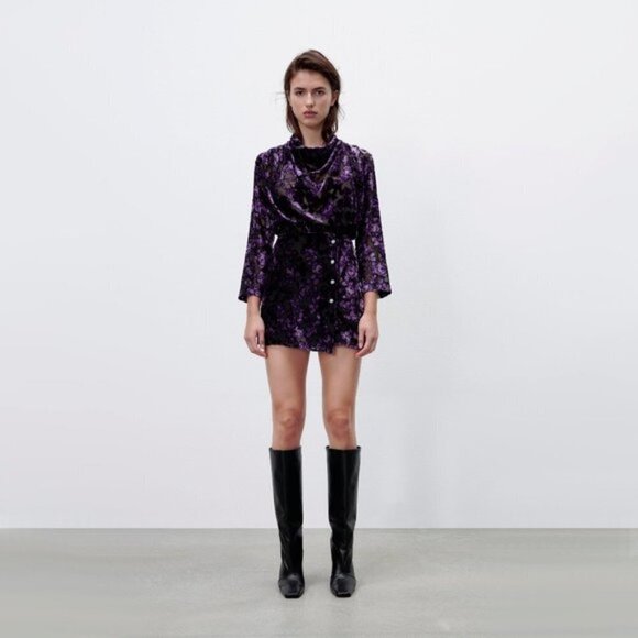 NWOT Zara purple & black velvet-like trim floral peek-a-boo sheer mini dress, S - Picture 2 of 14